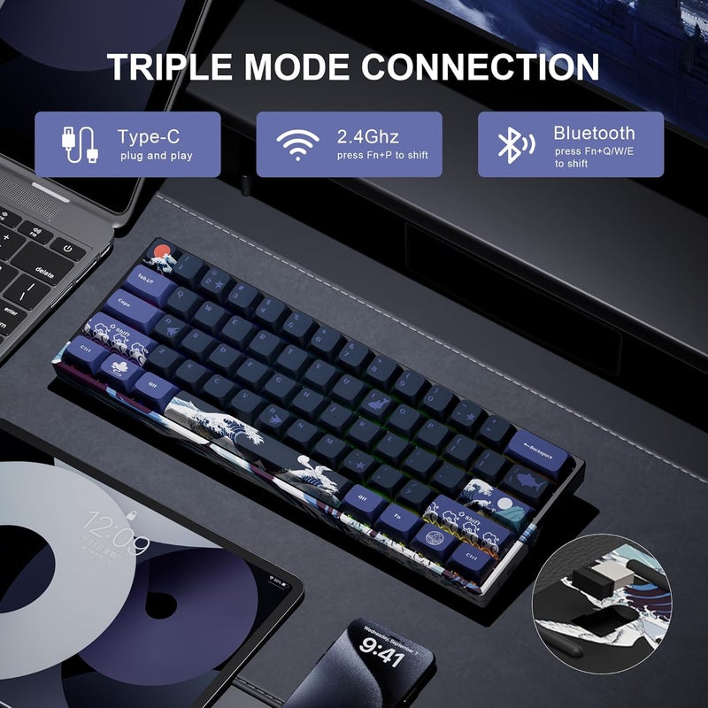 HITIME XVX 60% Gaming Keyboard, RGB 3-Modes Wireless Mechanical Keyboard, Mini 60 Percent Gamer Keyboard with Hot-Swappable Pre-lubed Linear Switch for Windows & Mac (Great Wave Off Kanagawa), M61 Pro - Image 2
